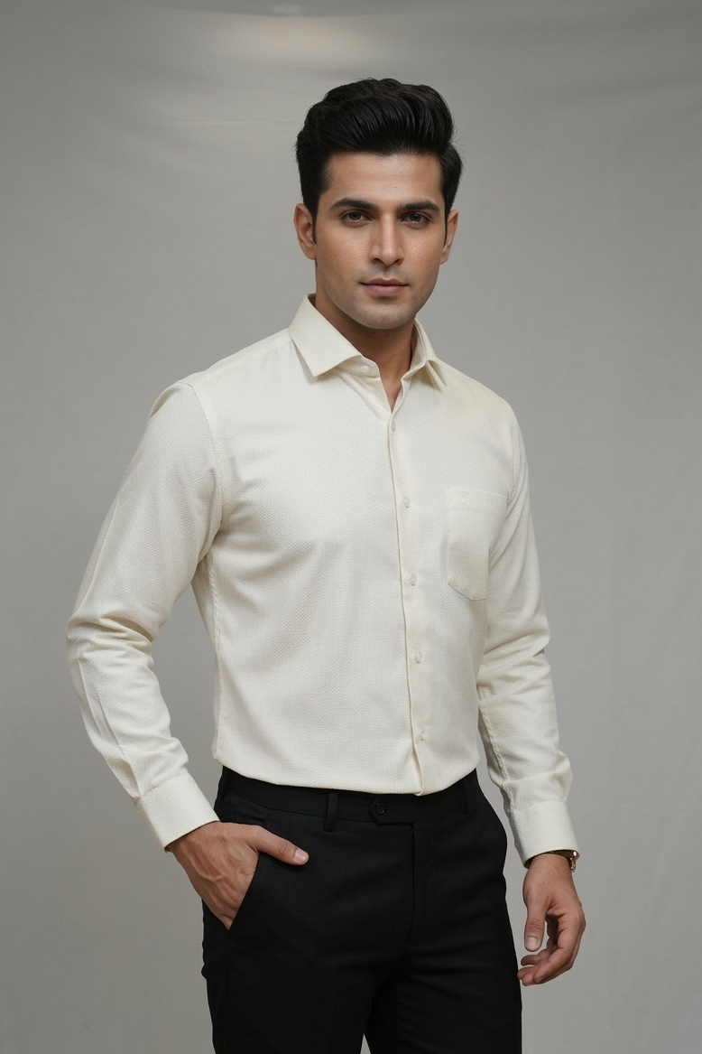 25 CF Dobby Cream Solid Slim Fit Shirt