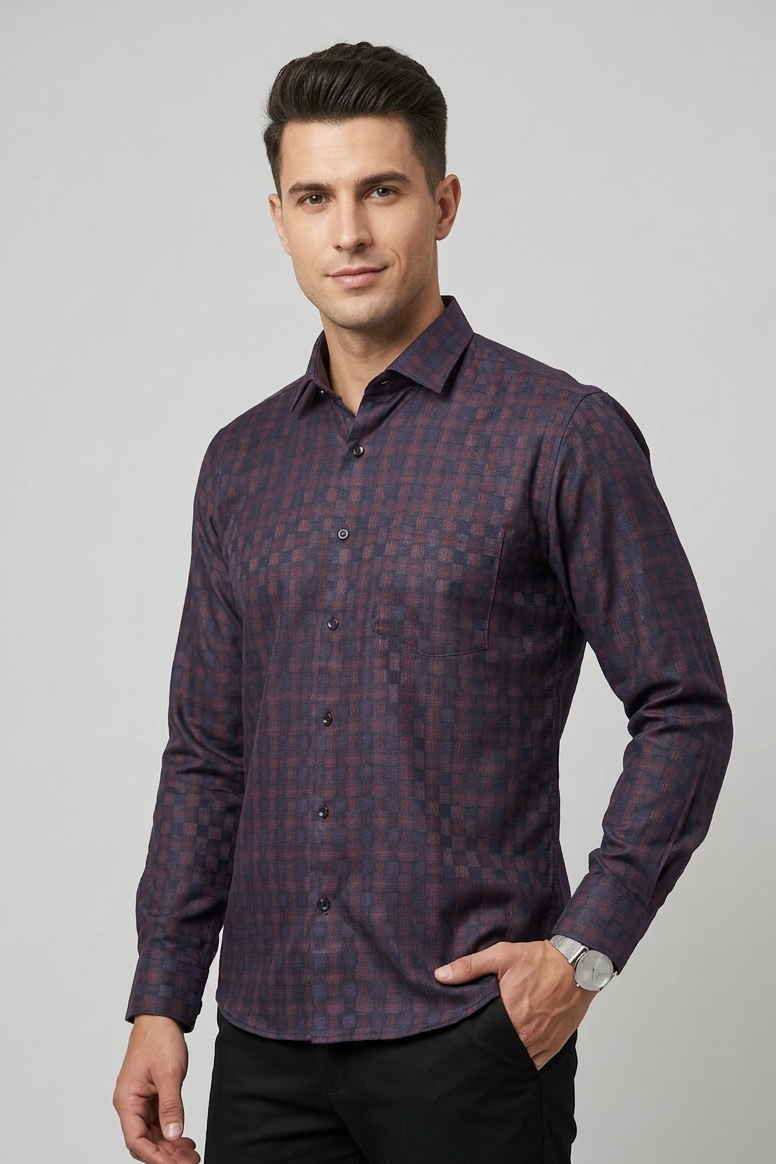 36 CF Dobby Checks Maroon-Navy Blue Slim Fit Shirt
