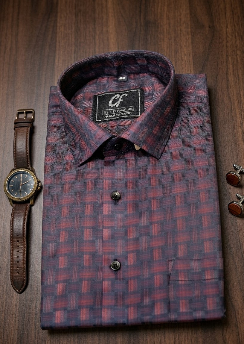 36 CF Dobby Checks Maroon-Navy Blue Slim Fit Shirt
