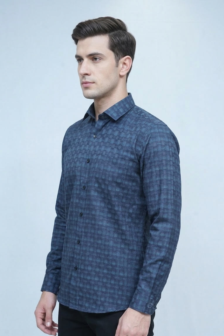 35 CF Dobby Green-Blue Checks Slim Fit Shirt