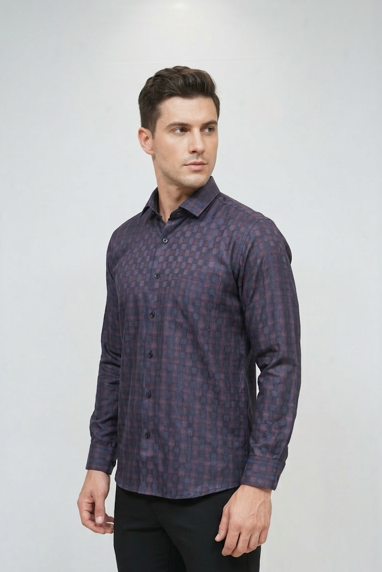36 CF Dobby Checks Maroon-Navy Blue Slim Fit Shirt
