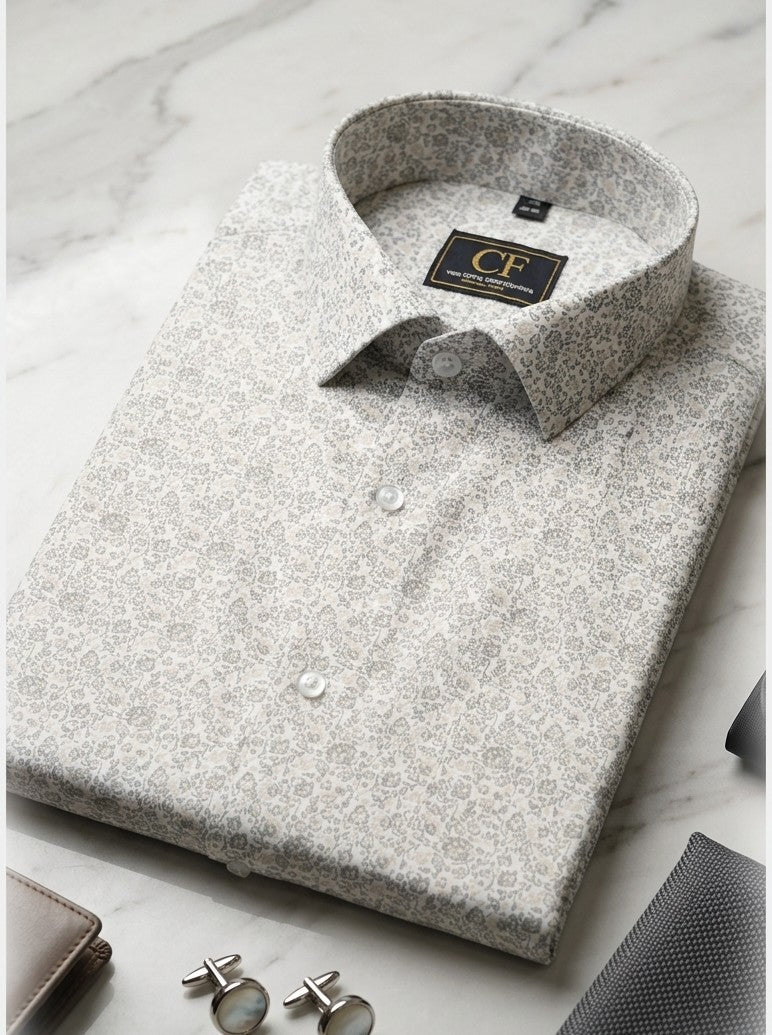 21 CF Gray-Beige Printed Slim Fit Shirt