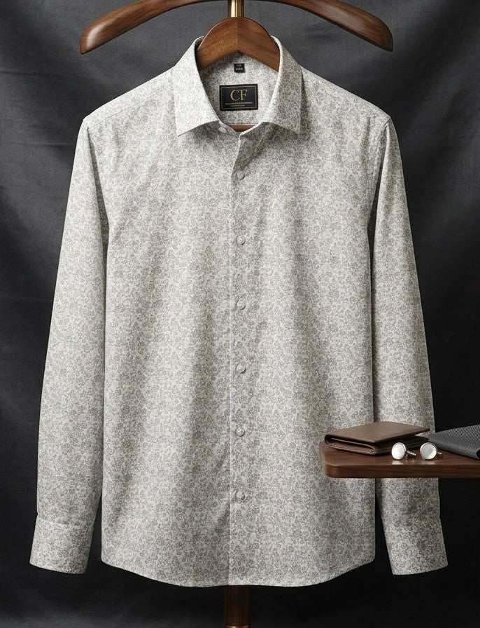 21 CF Gray-Beige Printed Slim Fit Shirt