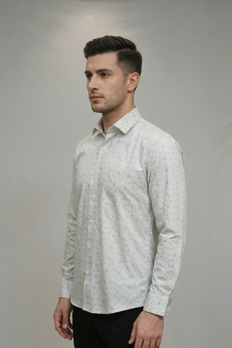 21 CF Gray-Beige Printed Slim Fit Shirt