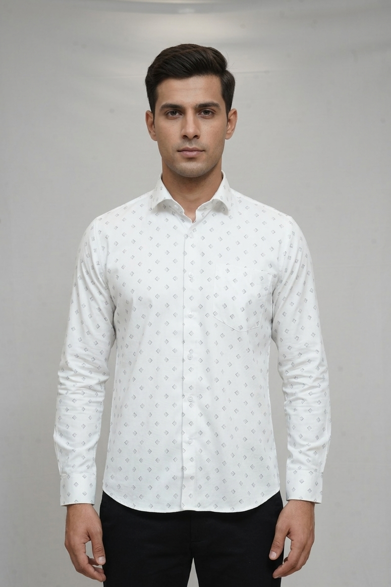 50 CF White Gray Prints Slim Fit Shirt