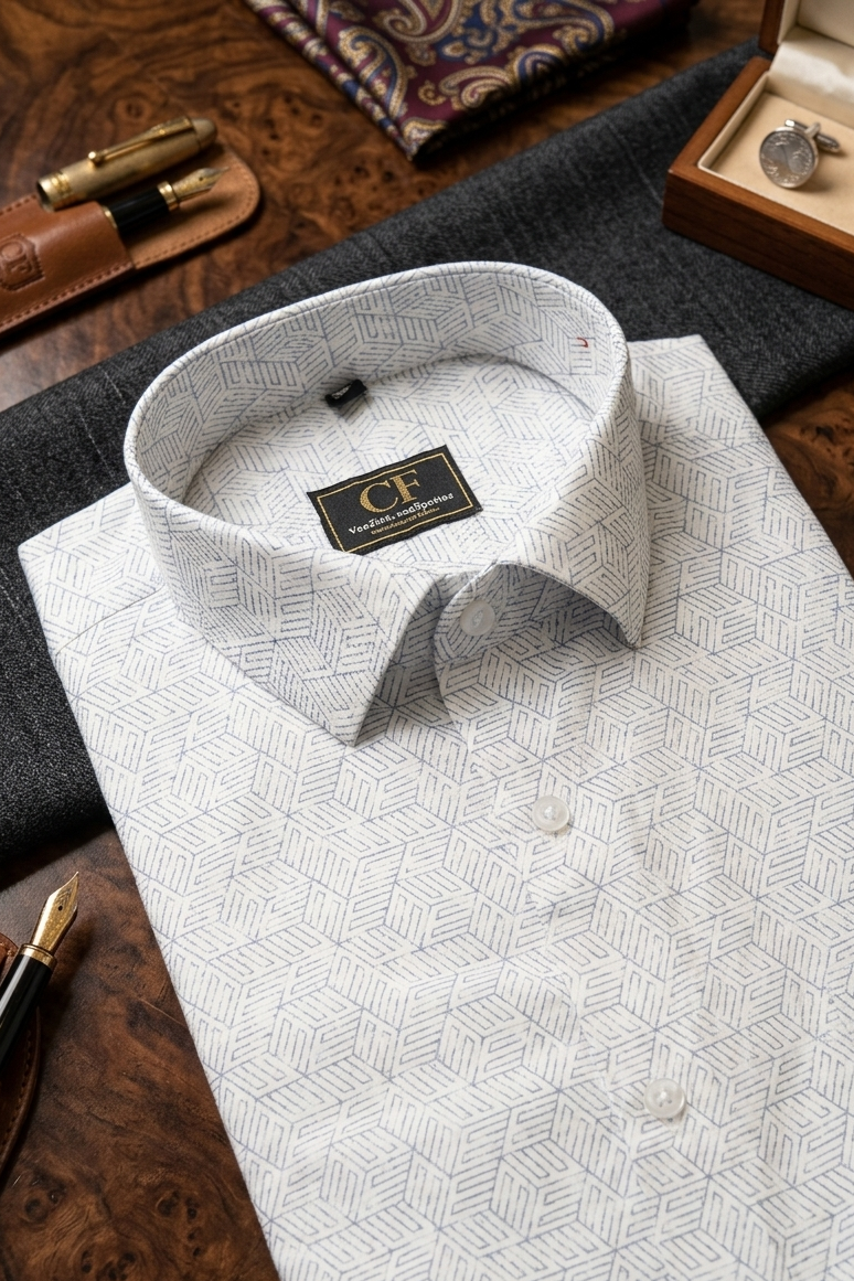 43 CF Satin Print Silver Slim Fit Shirt