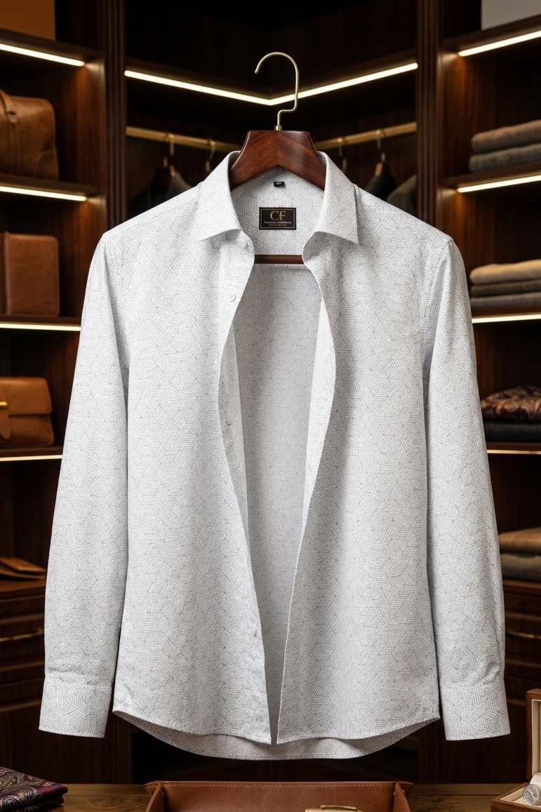 43 CF Satin Print Silver Slim Fit Shirt