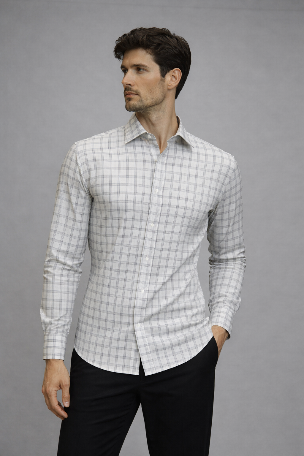 44 CF Dobby Checks Gray with Navy Blue Slim Fit Shirt