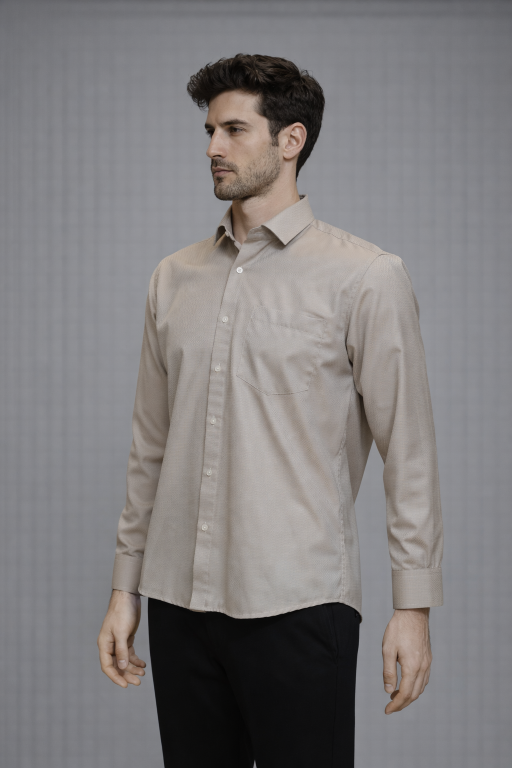 09 CF Solid Dobby Beige Slim Fit Shirt
