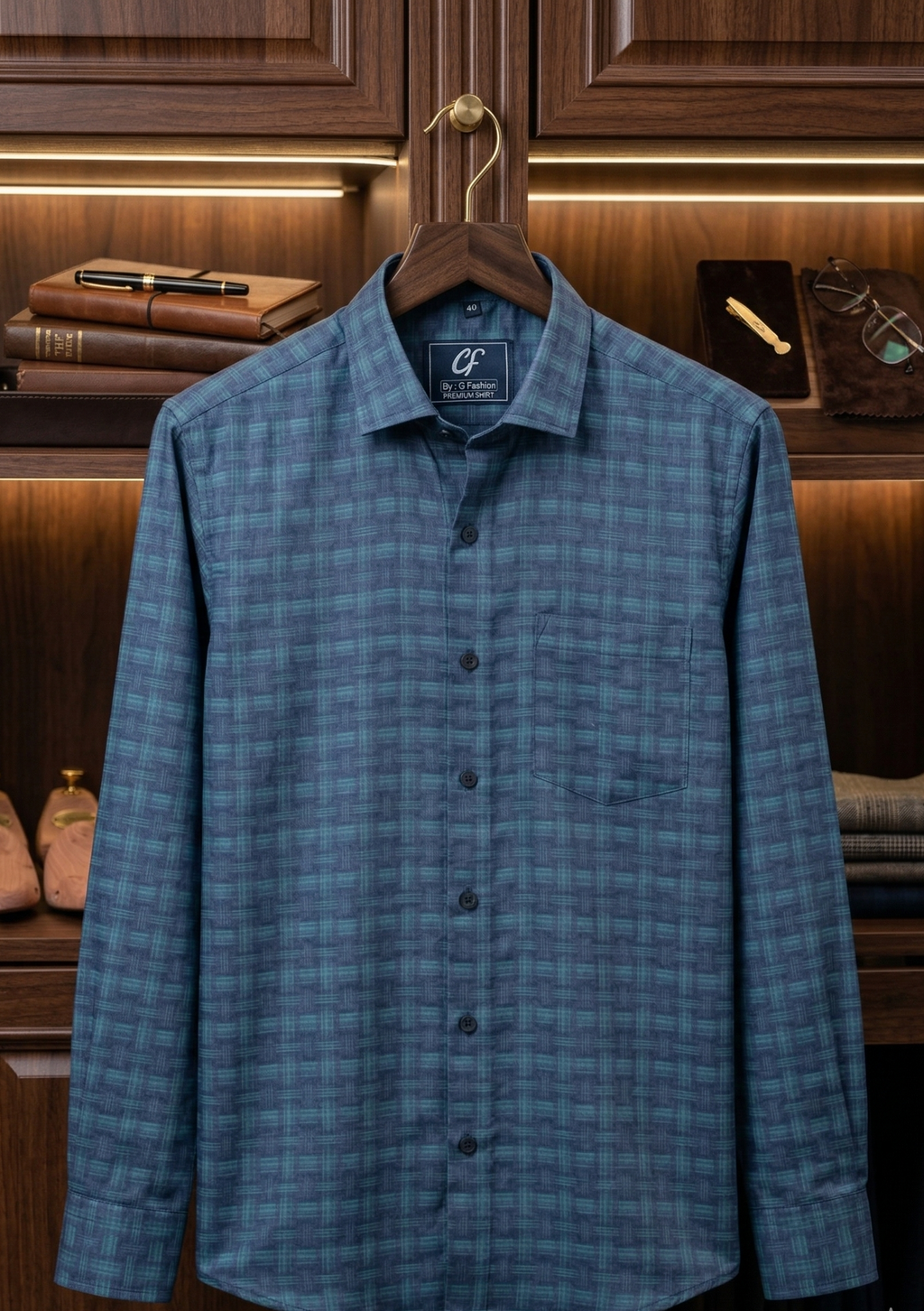 35 CF Dobby Green-Blue Checks Slim Fit Shirt