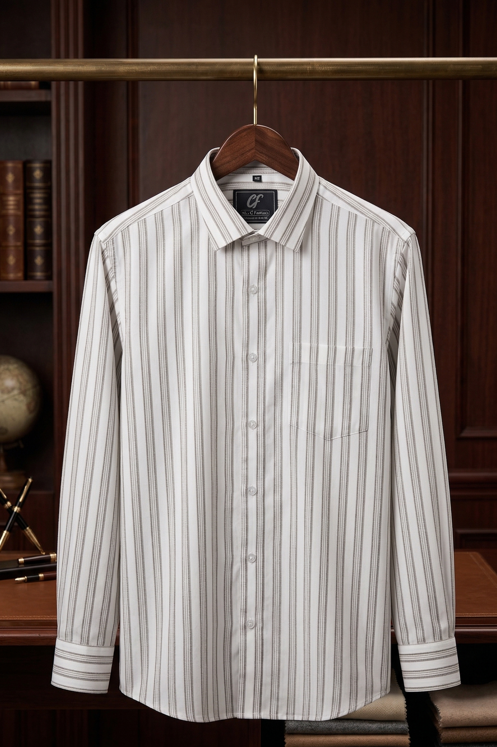 27 CF Twill-Stripe Grey Brown Slim Fit Shirt