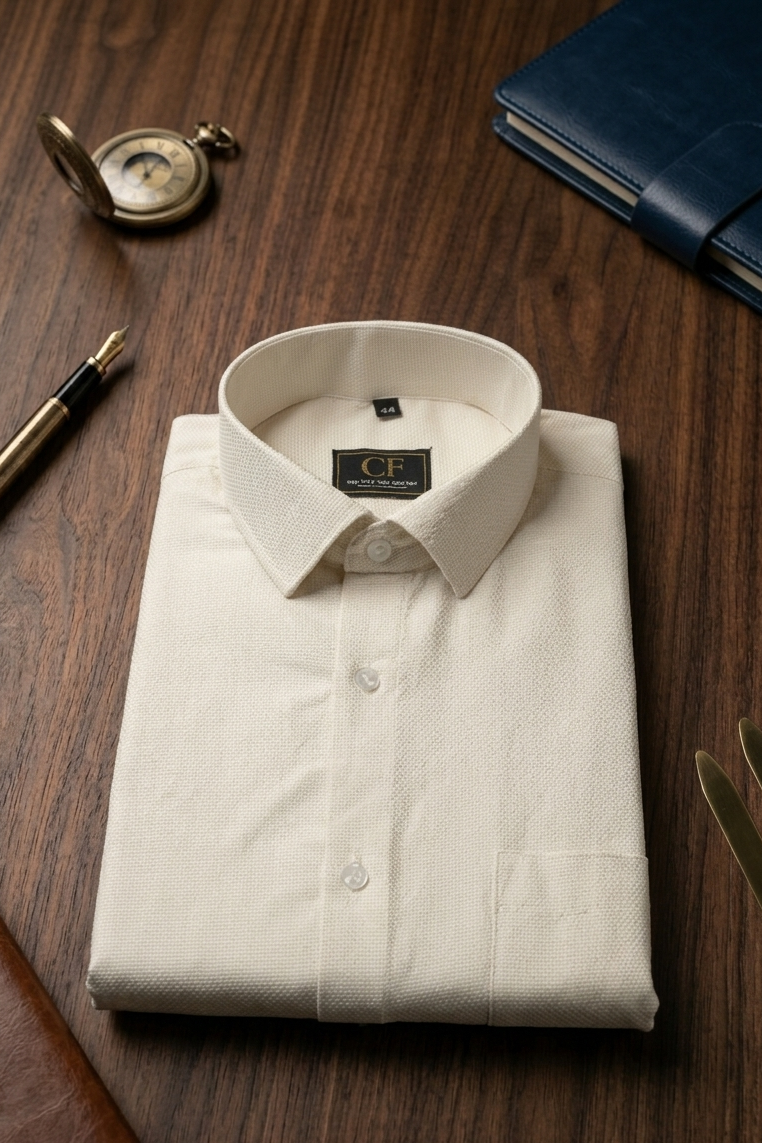 25 CF Dobby Cream Solid Slim Fit Shirt
