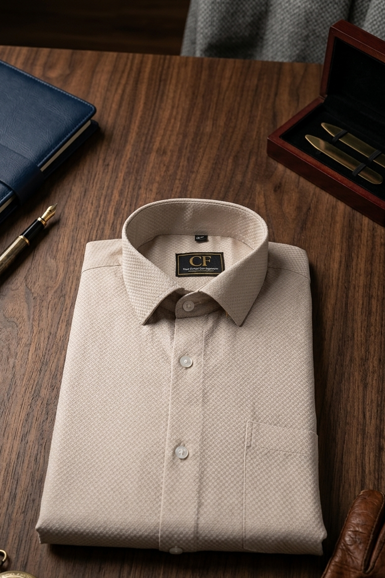 09 CF Solid Dobby Beige Slim Fit Shirt