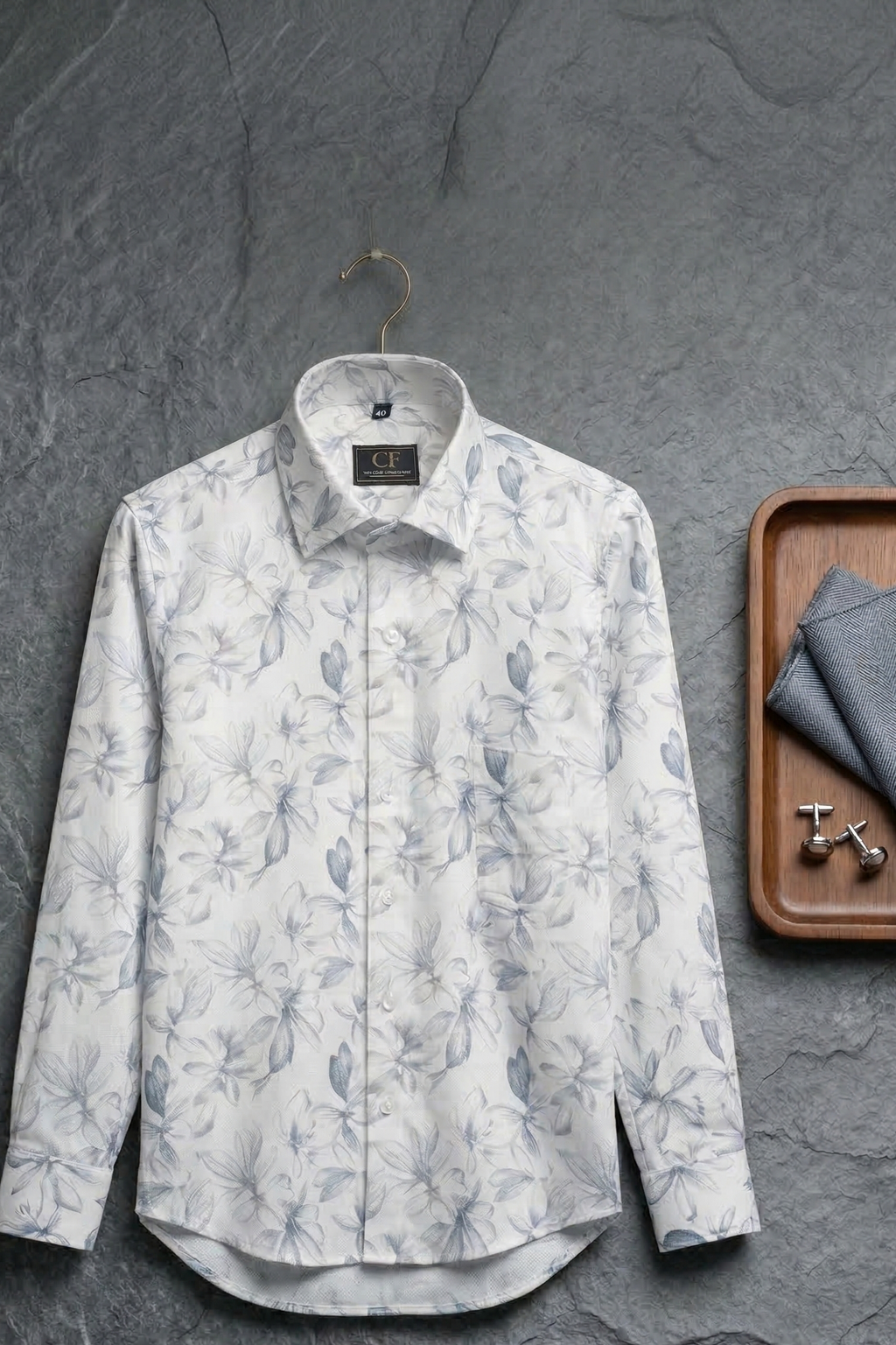 15 CF Structure Print Gray Slim Fit Shirt