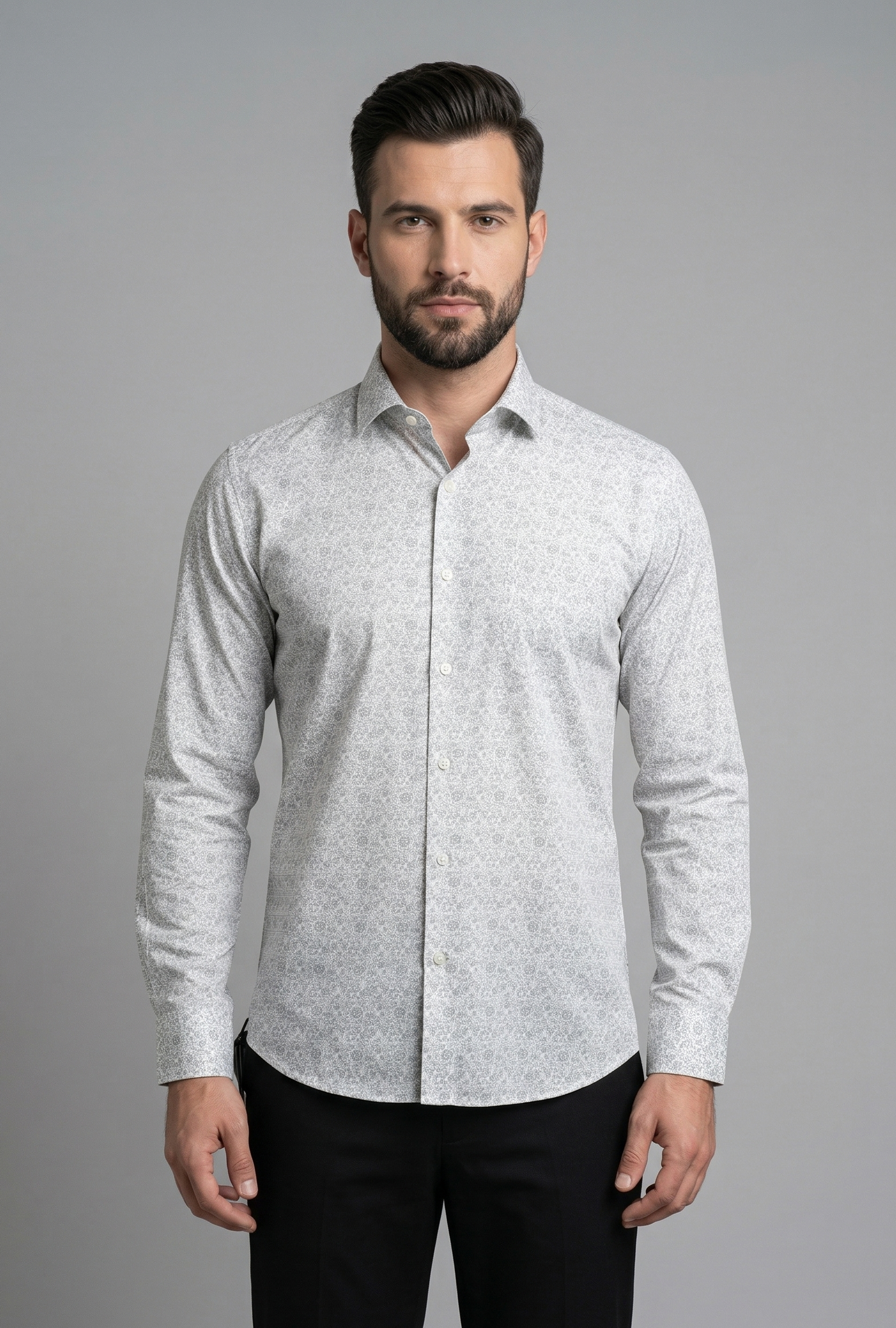 21 CF Gray-Beige Printed Slim Fit Shirt