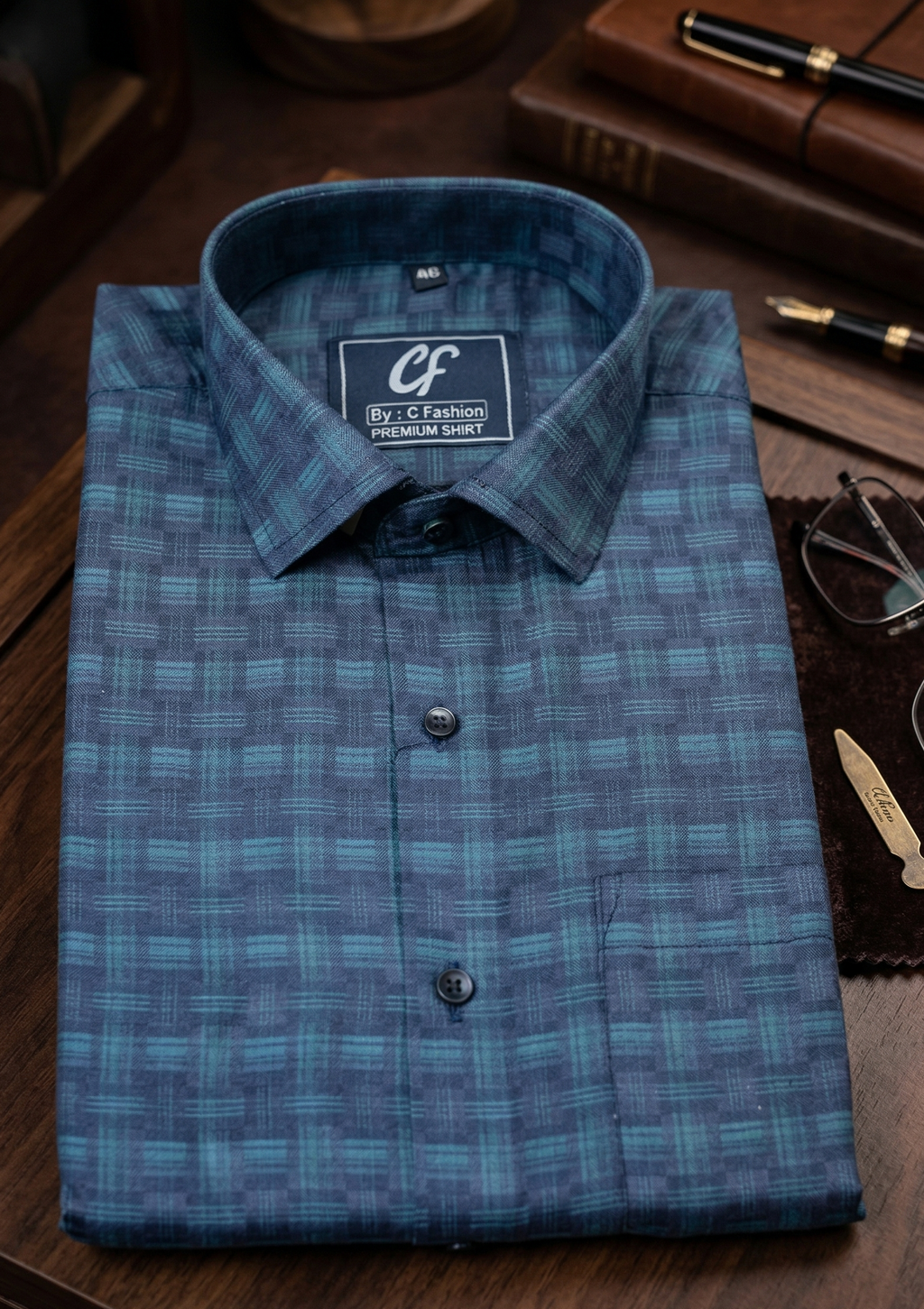 35 CF Dobby Green-Blue Checks Slim Fit Shirt