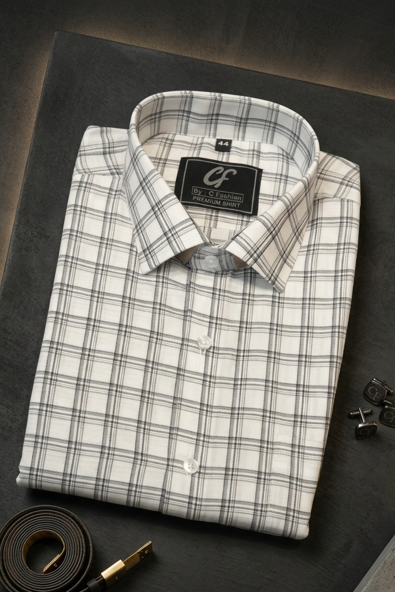 44 CF Dobby Checks Gray with Navy Blue Slim Fit Shirt
