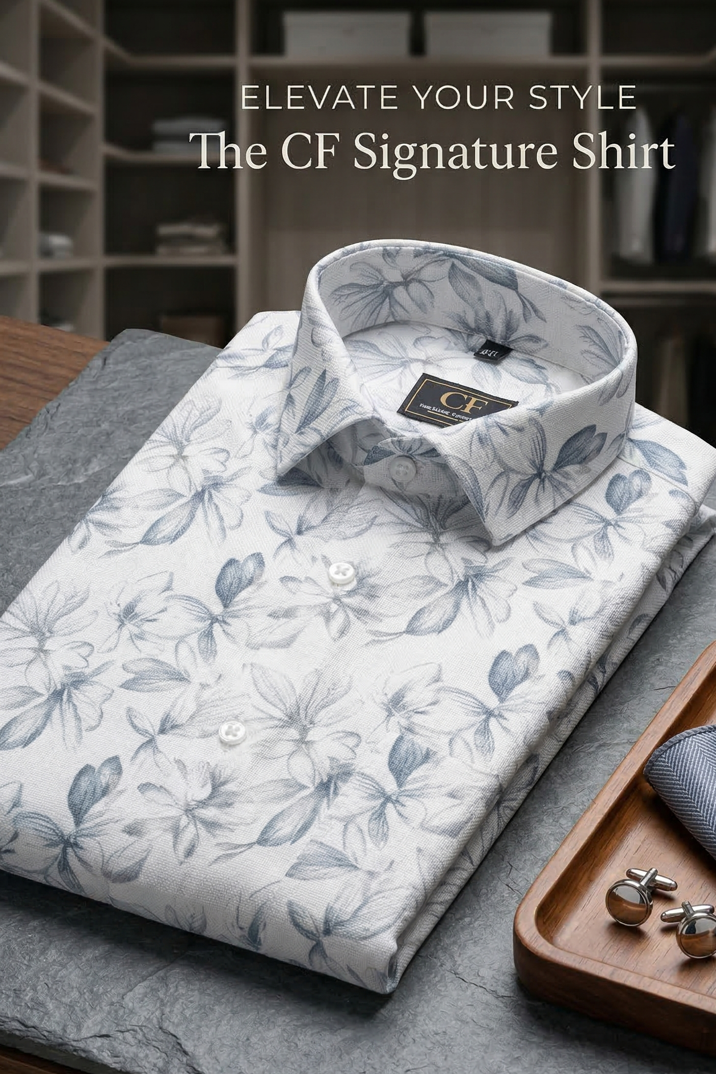 15 CF Structure Print Gray Slim Fit Shirt
